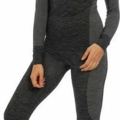 Merkloos Thermo Onderkleding Set Voor Dames Zwart Melange - Maat M - Shirt Lange Mouw En Broek - Wintersport Kleding - Thermokleding