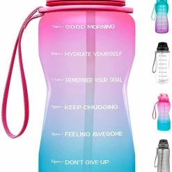 FLOOQ - Waterfles - Bidon - Sportdrankfles - Grote Waterfles - Rietje - 2 Liter - Lekvrij - Tijdsmarkering - Motivatie Waterfles - Blauw/Roze