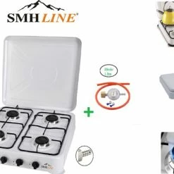 SMH LINE®- Gas Kooktoestel Set 4 Pits - Campingkooktoestel Set - Gaskomfoor - Gaskookplaat Wit - INCLUSIEF 30mbar Gasslang Installatie Set