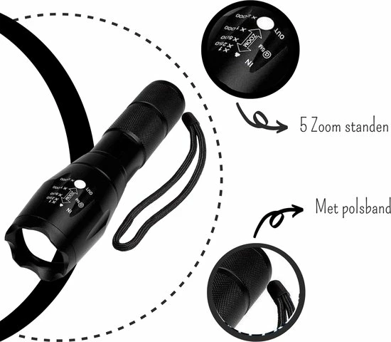 Merkloos Professionele 1000 Lumen LED Zaklamp Met Zoomfunctie 7 Merkloos Professionele 1000 Lumen LED Zaklamp Met Zoomfunctie - Afbeelding 5