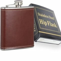 Malony Luxe Heupfles - RVS - 200 Ml - Veldfles - Drinkfles - Flacon - PU Leer - Giftbox - Donker Bruin