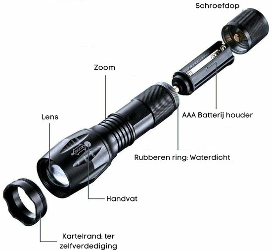 Merkloos Professionele 1000 Lumen LED Zaklamp Met Zoomfunctie 4 Merkloos Professionele 1000 Lumen LED Zaklamp Met Zoomfunctie - Afbeelding 2