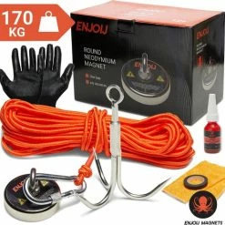 Enjoij Magneetvissen Set 170KG - Magneetvissen Magneet - Vismagneet Met Touw - Karabijnhaak - 20m Touw - Neodymium Magneten - Handschoenen - Schroefdraadborgmiddel - Doekje - Tape - Luxe Versie - Zwart
