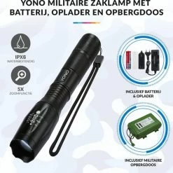 YONO Militaire Zaklamp LED Oplaadbaar - Inclusief Batterij En Oplader – Waterbestendige Zaklantaarn -CeLaVi winkel 550x527 4