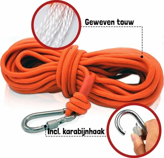 Magfishion Vismagneet Touw - 10 Meter Lang - Karabijnhaak - 500 KG Trekkracht - Dik Touw Met Musketonhaak - Oranje 4 Magfishion Vismagneet Touw - 10 Meter Lang - Karabijnhaak - 500 KG Trekkracht - Dik Touw Met Musketonhaak - Oranje - Afbeelding 2
