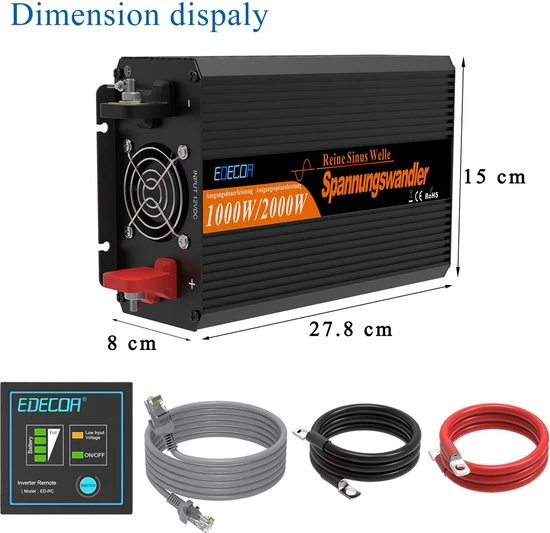 Edecoa Zuivere Sinus Omvormer 12V-230V - 1000/2000W 6 Edecoa Zuivere Sinus Omvormer 12V-230V - 1000/2000W - Afbeelding 4