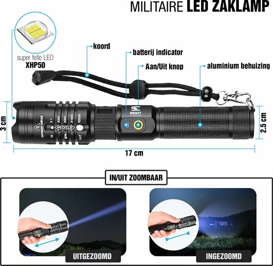 Smart Choices Verbeterde Militaire LED Zaklamp Incl. Opbergdoos Batterij En Diverse Laders - 1200 Lumen - Zwart 8 Smart Choices Verbeterde Militaire LED Zaklamp Incl. Opbergdoos Batterij En Diverse Laders - 1200 Lumen - Zwart - Afbeelding 6