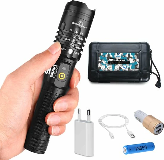 Smart Choices Verbeterde Militaire LED Zaklamp Incl. Opbergdoos Batterij En Diverse Laders - 1200 Lumen - Zwart 3 Smart Choices Verbeterde Militaire LED Zaklamp Incl. Opbergdoos Batterij En Diverse Laders - 1200 Lumen - Zwart