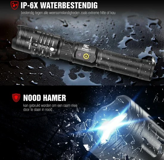 Smart Choices Verbeterde Militaire LED Zaklamp Incl. Opbergdoos Batterij En Diverse Laders - 1200 Lumen - Zwart 6 Smart Choices Verbeterde Militaire LED Zaklamp Incl. Opbergdoos Batterij En Diverse Laders - 1200 Lumen - Zwart - Afbeelding 4