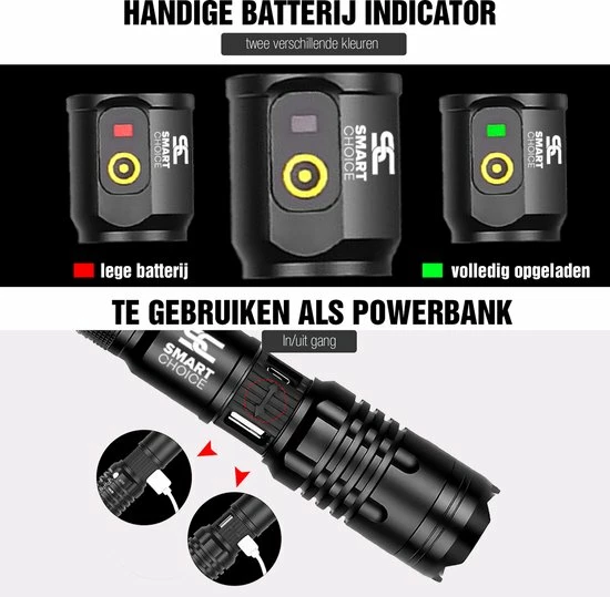 Smart Choices Verbeterde Militaire LED Zaklamp Incl. Opbergdoos Batterij En Diverse Laders - 1200 Lumen - Zwart 5 Smart Choices Verbeterde Militaire LED Zaklamp Incl. Opbergdoos Batterij En Diverse Laders - 1200 Lumen - Zwart - Afbeelding 3