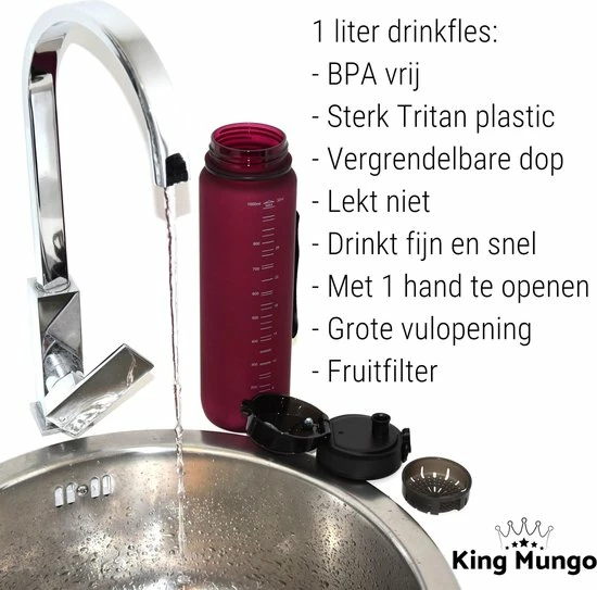 King Mungo Drinkfles - Sport Bidon Drinkbus - 1 Liter - Paars/Rood 15 King Mungo Drinkfles - Sport Bidon Drinkbus - 1 Liter - Paars/Rood - Afbeelding 13