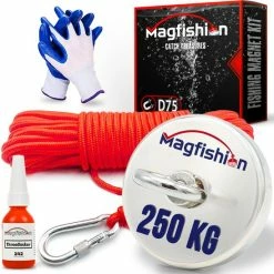 Magfishion Magneetvissen Set - 250 KG - Vismagneet - 20 Meter Lang Touw + Karabijnhaak Met Schroefsluiting - Handschoenen - Borgmiddel - Magneetvissen Starterspakket - Magneet Vissen - Outdoor