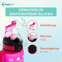 Supplife Waterfles Met Tijdmarkering - 1 Liter Drinkfles - Motivatie Waterfles - Met Rietje - Volwassenen - Kinderen - Roze - Black Friday 2022 -CeLaVi winkel 550x550 226