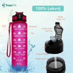 Supplife Waterfles Met Tijdmarkering - 1 Liter Drinkfles - Motivatie Waterfles - Met Rietje - Volwassenen - Kinderen - Roze - Black Friday 2022 -CeLaVi winkel 550x550 227