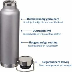 Avenue Thermosfles - RVS - 650ML - Drinkfles - Waterfles - Dubbelwandig - Koperen Binnenwand - Vacuüm Geïsoleerd - Insulated Travel Mug - Warme En Koude Dranken - Grijs - Gift - Cadeau -CeLaVi winkel 550x550 361