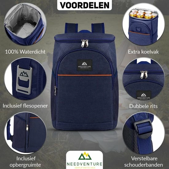 Needventure Koeltas - Lunchtas - Koelrugtas - Picknicktas - 20 Liter - Flessenhouder - Bieropener - Blauw 7 Needventure Koeltas - Lunchtas - Koelrugtas - Picknicktas - 20 Liter - Flessenhouder - Bieropener - Blauw - Afbeelding 5