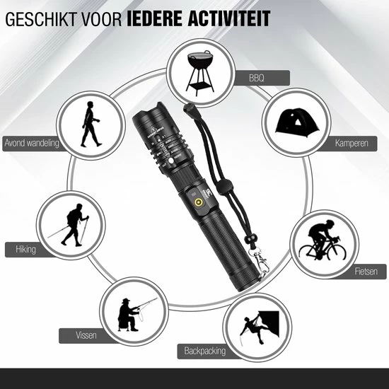 Smart Choices Verbeterde Militaire LED Zaklamp Incl. Opbergdoos Batterij En Diverse Laders - 1200 Lumen - Zwart 4 Smart Choices Verbeterde Militaire LED Zaklamp Incl. Opbergdoos Batterij En Diverse Laders - 1200 Lumen - Zwart - Afbeelding 2