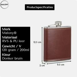 Malony Luxe Heupfles - RVS - 200 Ml - Veldfles - Drinkfles - Flacon - PU Leer - Giftbox - Donker Bruin -CeLaVi winkel 550x550 526