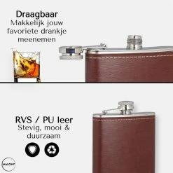 Malony Luxe Heupfles - RVS - 200 Ml - Veldfles - Drinkfles - Flacon - PU Leer - Giftbox - Donker Bruin -CeLaVi winkel 550x550 527