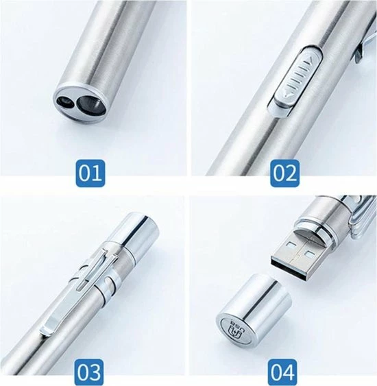 Merkloos 2 Stuks RVS Penlight - Usb Oplaadbare Zaklamp Zwart - Zilverkleur 6 Merkloos 2 Stuks RVS Penlight - Usb Oplaadbare Zaklamp Zwart - Zilverkleur - Afbeelding 4
