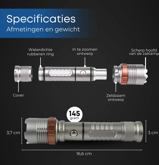 Rebela | Led Zaklamp Oplaadbaar | Flashlight | Aluminium | Waterproof | Inclusief Oplaadbare Batterij | High-Mid-Low-Strobe-SOS | T6 LED Police Flashlight 7 Rebela | Led Zaklamp Oplaadbaar | Flashlight | Aluminium | Waterproof | Inclusief Oplaadbare Batterij | High-Mid-Low-Strobe-SOS | T6 LED Police Flashlight - Afbeelding 5
