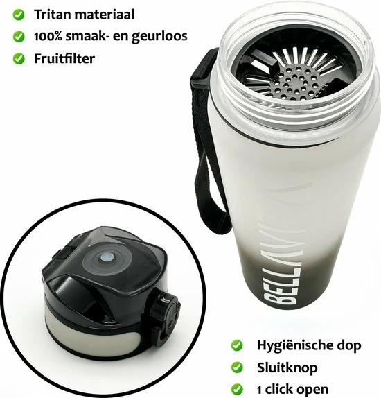 BELLAVITA Drinkfles - Wit / Zwart - Waterfles - Drinkfles Volwassenen - Drinkfles Kinderen - Fles - 1 Liter - 1000ml - Tritan - Fruitfilter - Filter - Black Friday - Sinterklaas - Kerst - BPA-vrij - 100% Lekvrij 6 BELLAVITA Drinkfles - Wit / Zwart - Waterfles - Drinkfles Volwassenen - Drinkfles Kinderen - Fles - 1 Liter - 1000ml - Tritan - Fruitfilter - Filter - Black Friday - Sinterklaas - Kerst - BPA-vrij - 100% Lekvrij - Afbeelding 4