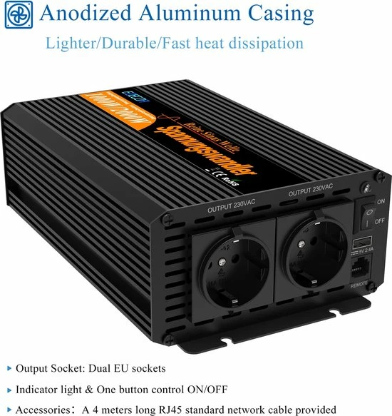 Edecoa Zuivere Sinus Omvormer 12V-230V - 1000/2000W 5 Edecoa Zuivere Sinus Omvormer 12V-230V - 1000/2000W - Afbeelding 3