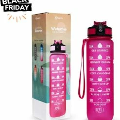 Supplife Waterfles Met Tijdmarkering - 1 Liter Drinkfles - Motivatie Waterfles - Met Rietje - Volwassenen - Kinderen - Roze - Black Friday 2022