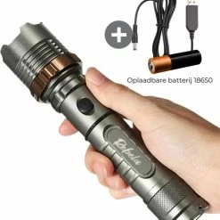 Rebela | Led Zaklamp Oplaadbaar | Flashlight | Aluminium | Waterproof | Inclusief Oplaadbare Batterij | High-Mid-Low-Strobe-SOS | T6 LED Police Flashlight