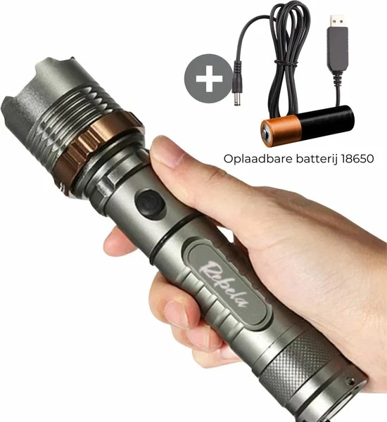 Rebela | Led Zaklamp Oplaadbaar | Flashlight | Aluminium | Waterproof | Inclusief Oplaadbare Batterij | High-Mid-Low-Strobe-SOS | T6 LED Police Flashlight 3 Rebela | Led Zaklamp Oplaadbaar | Flashlight | Aluminium | Waterproof | Inclusief Oplaadbare Batterij | High-Mid-Low-Strobe-SOS | T6 LED Police Flashlight