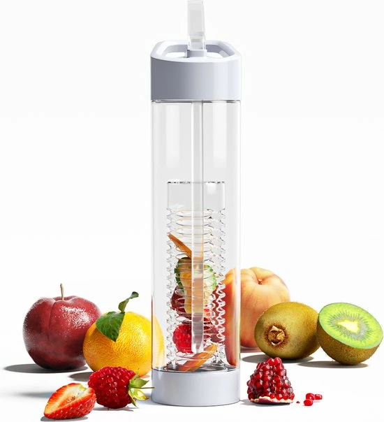 Happyshopper Waterfles Met Rietje - Fruit Filter - Tritan Drinkfles - Volwassenen - Wit 3 Happyshopper Waterfles Met Rietje - Fruit Filter - Tritan Drinkfles - Volwassenen - Wit