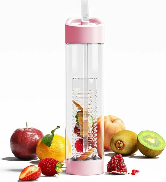 Happyshopper Waterfles Met Rietje En Fruit Filter | Roze 3 Happyshopper Waterfles Met Rietje En Fruit Filter | Roze