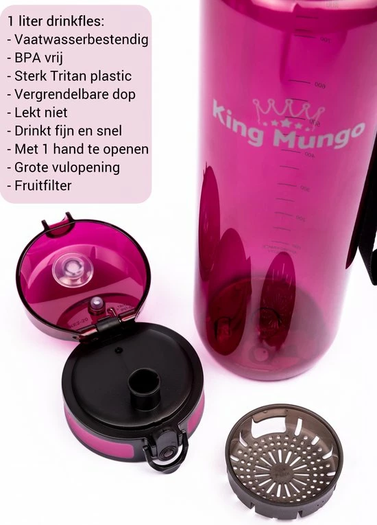 1 Liter Drinkfles - Vaatwasserbestendig - Sport Bidon Drinkbus King Mungo 1000ml Paars/rood 6 1 Liter Drinkfles - Vaatwasserbestendig - Sport Bidon Drinkbus King Mungo 1000ml Paars/rood - Afbeelding 4